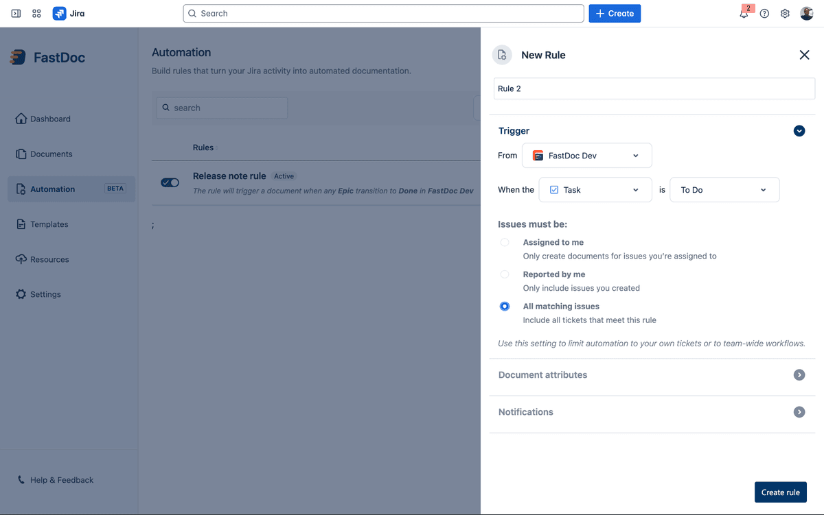 FastDoc automation rule builder